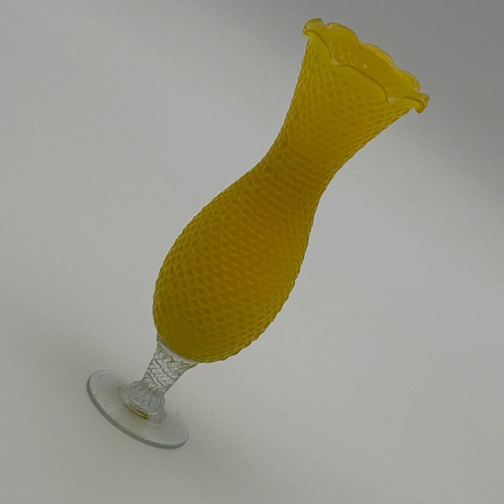 Vintage Yellow Satin Hobnail Glass Bud‎ Vase Clear Twisted Stem Ruffled Rim 10in